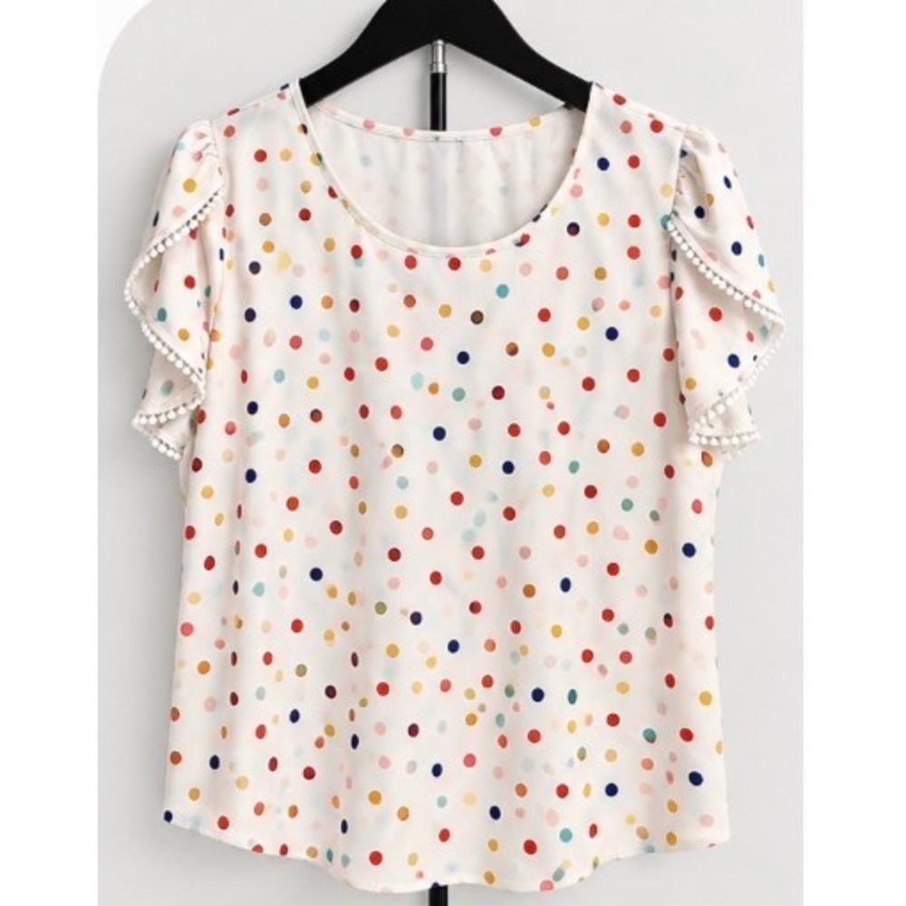 SHEIN Polka Dot Flutter Sleeve Pom Pom Trim Blouse White Multi Color Size L